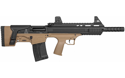 American Tactical, Bulldog, Semi-automatic Shotgun, Bullpup, 12 Gauge 3" Chamber, 18.5" Barrel, Matte Finish, Flat Dark Earth and Black, Open Iron Sights, AR Style Charging Handle, 3-Piece Choke Tube Set, Adjustable Cheek Rest, Picatinny and M-LOK Rail, 5 Rounds, 1 Magazine
