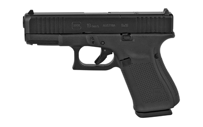 Glock, 19 Gen5 M.O.S., Striker Fired, Compact Size, 9MM, 4.02" Marksman Barrel, Polymer Frame, Matte Finish, Fixed Sights, 15Rd, 3 Magazines, Front Serrations, Ambidextrous Slide Stop Lever, Flared Mag Well, nDLC Finished Slide and Barrel, No Finger Grooves
