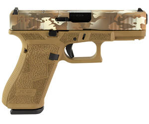 Glock, 45 MOS, Striker Fired, Semi-automatic, Polymer Frame Pistol, Compact, 9MM, 4.02" Barrel, Glock Marksman Barrel, FDE Multicam Slide With FDE Frame, No Finger Grooves, Fixed Sights, Modular Optic System, 17 Rounds, 3 Magazines, Front Serrations, Ambidextrous Slide Stop Lever, Flared Mag Well, Laser Engraved Frame, Optic Cut, Will Only Accept Trijicon And Holosun RMR Footprint Optics, Must Use Screws From Shark Coast Tactical To Mount Optic