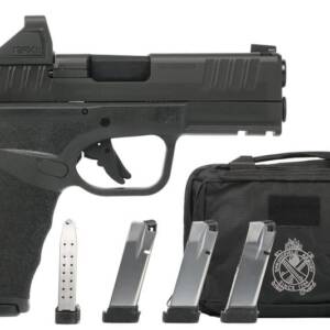 Springfield, Hellcat Pro, Striker Fired, Semi-automatic, Polymer Frame Pistol, 9MM, 3.7" Hammer Forged Barrel, Melonite Finish, Black Polymer Frame, Viridian RFX-11 Green Dot Sight, Textured Grip, Tritium Front Sight, Tactical Rack Rear Sight, 5 Magazines, (4)-17 Round and (1)-15 Round, Includes Range Bag